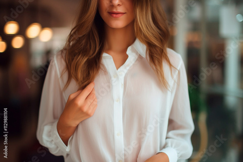 Woman testing new outfits in store, discounts visible. Black friday discount photo