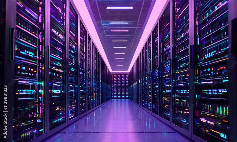 A futuristic server room illuminated with vibrant purple lights, showcasing rows of hardware and data storage devices.