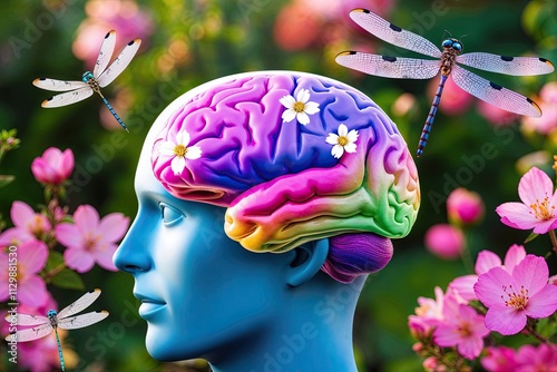 Lush Brain Garden with Colorful Blossoms and Dragonflies Promoting Self Love and Mental Wellness