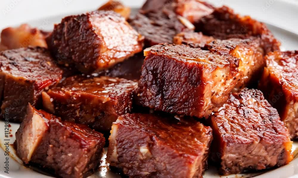 A close-up of juicy beef cubes, golden-brown on the outside, showcasing their tender and flavorful inside. A close-up of juicy beef cubes, golden-brown on the outside, showcasing their tender and flavorful inside.