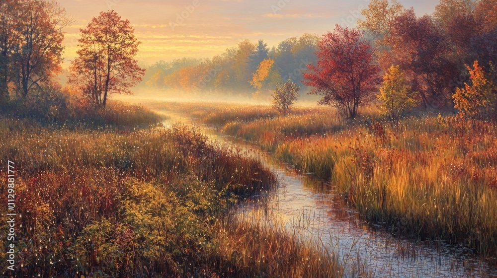 102.Early morning backlight shines softly over an autumn meadow blanketed in dew; warm colors blend harmoniously, with each dewdrop reflecting the soft glow, capturing the beauty and tranquility of 102.Early morning backlight shines softly over an autumn meadow blanketed in dew; warm colors blend harmoniously, with each dewdrop reflecting the soft glow, capturing the beauty and tranquility of