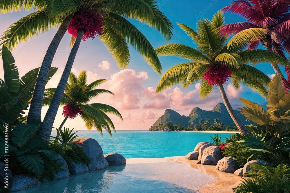 Fototapeta premium Tropical Oasis Serenity with Lush Palm Branches in Amazing 3D Graphic Renderings