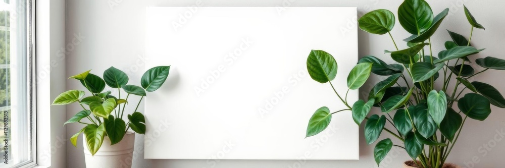 Ficus plant placed in front of blank canvas mockup, perfect for watercolor artists looking for inspiration, creativity, canvas mockup, greenery Ficus plant placed in front of blank canvas mockup, perfect for watercolor artists looking for inspiration, creativity, canvas mockup, greenery