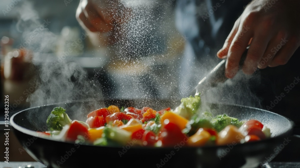 Fresh vegetables like broccoli, peppers, and tomatoes being stir-fried in a hot pan, with steam rising in the kitchen. Ideal for food preparation, healthy eating, or cooking themes.. AI Generation Fresh vegetables like broccoli, peppers, and tomatoes being stir-fried in a hot pan, with steam rising in the kitchen. Ideal for food preparation, healthy eating, or cooking themes.. AI Generation