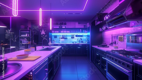 Dynamic cooking experience in a neon kitchen modern home interior design futuristic aesthetic concept