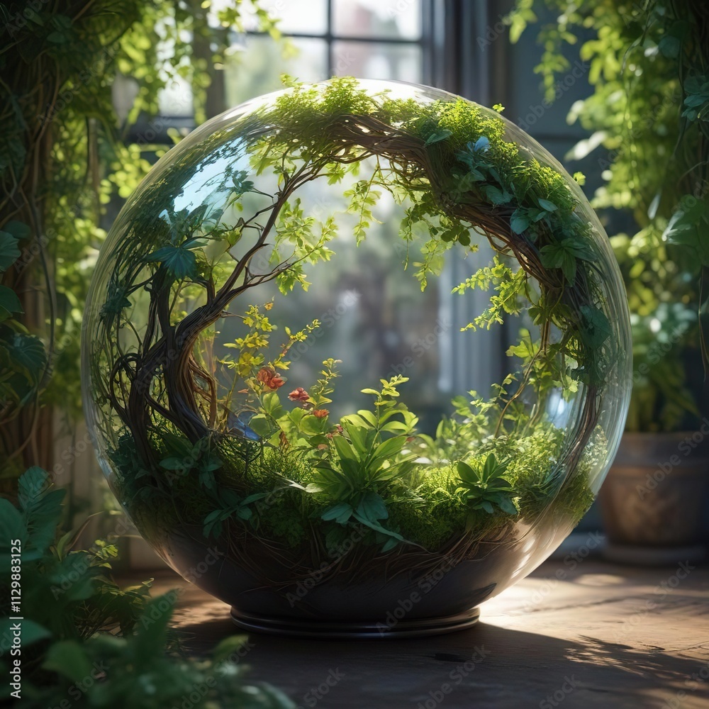 Overgrown plants and vines covering a glass sphere, verdant, jungle Overgrown plants and vines covering a glass sphere, verdant, jungle