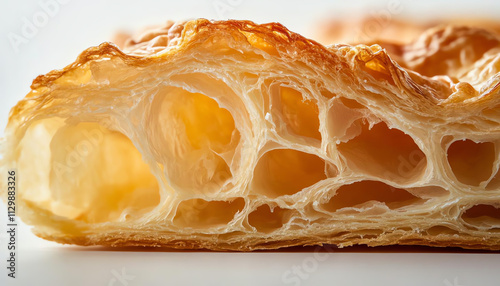 Close-up of a flaky, golden pastry showcasing its airy texture and layers, perfect for culinary visuals. photo