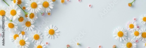 floral frame background with light blue paper structure, daisy blossoms scattered, blank copy space, daisy, scattered, blossoms