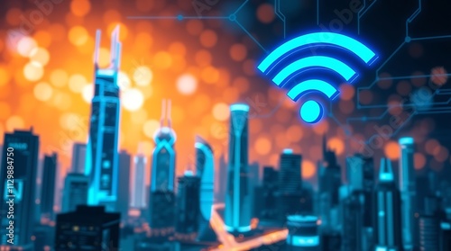 Futuristic cityscape with digital network and wi-fi symbol, representing smart city connectivity. photo