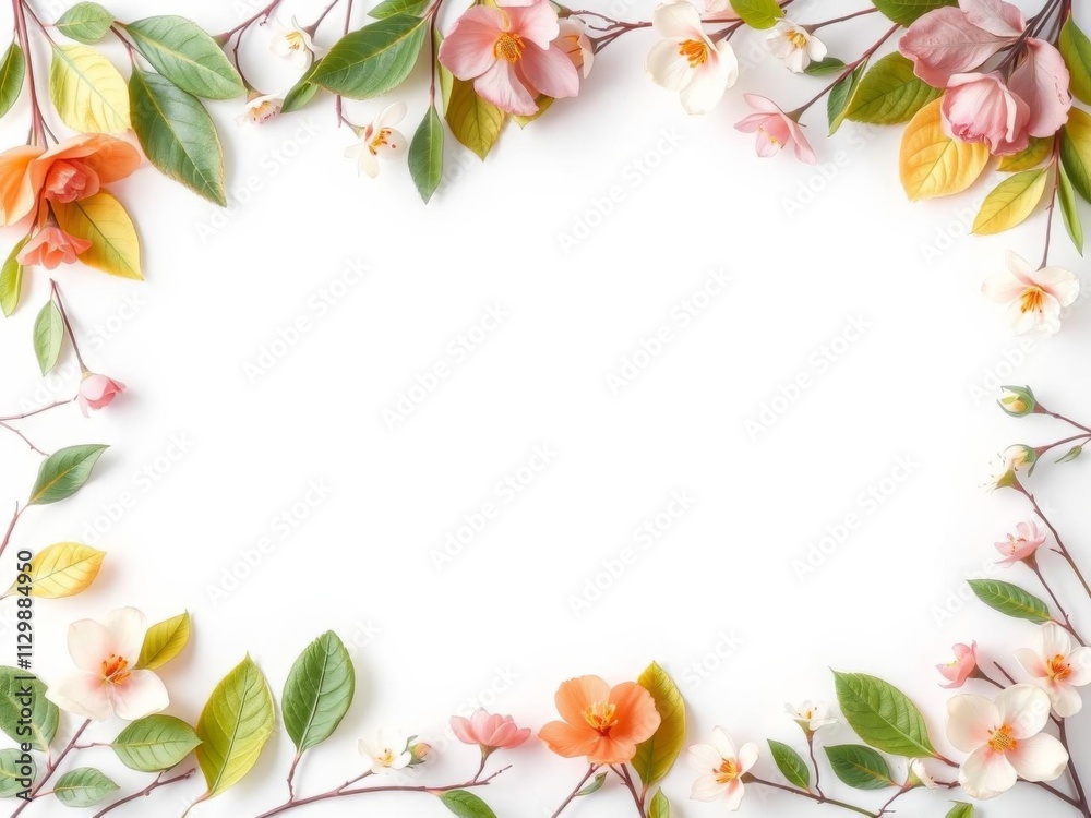 Flowers and leaves botanical border frame in pastel colors, perfect for spring season with copy space in the middle on a white background, botanical, copy space, leaves Flowers and leaves botanical border frame in pastel colors, perfect for spring season with copy space in the middle on a white background, botanical, copy space, leaves