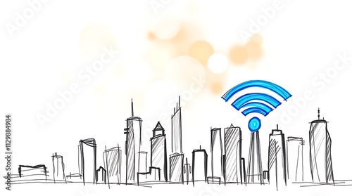 Futuristic cityscape with digital network and wi-fi symbol, representing smart city connectivity. photo