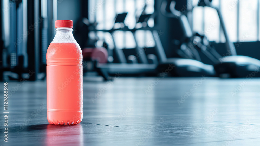 sports drink bottle on gym floor with fitness equipment sports drink bottle on gym floor with fitness equipment