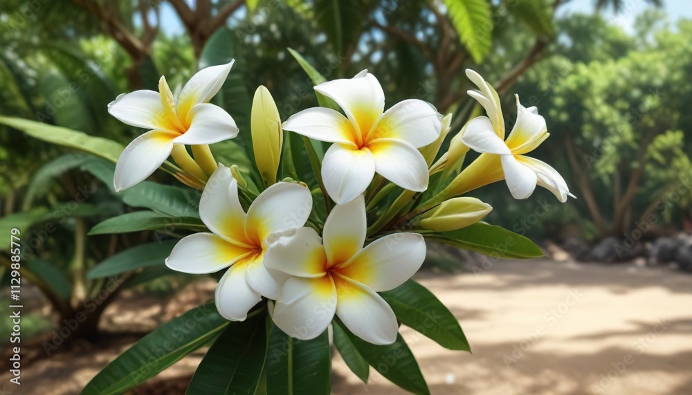 Fototapeta premium Fresh plumeria alba flower in natural setting, fragility, paradise, sunny, beautiful, relaxation