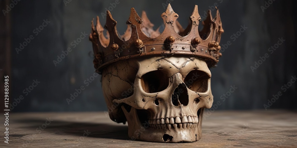 Skull adorned with a tattered and worn-out crown made of rusted iron , rusty iron, crown Skull adorned with a tattered and worn-out crown made of rusted iron , rusty iron, crown