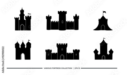 A collection of silhouette fortress designs, ideal for graphic resources and creative projects.