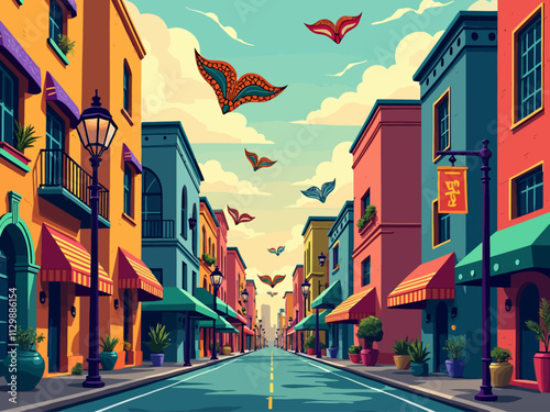  mardi gras new orleans themes, geometric, flat colors, depicting