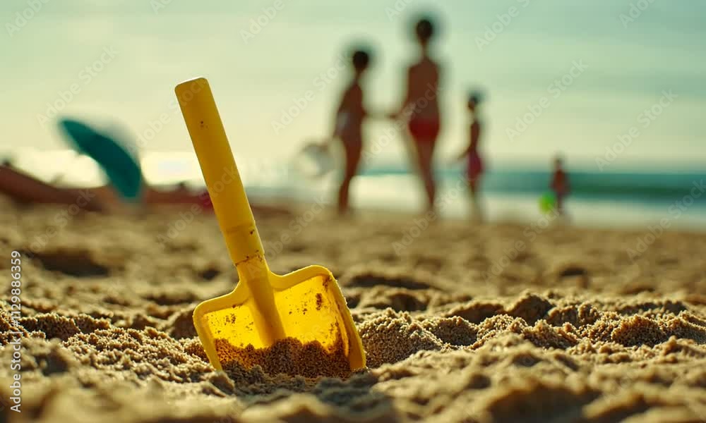 A yellow shovel in sand with children playing nearby. A yellow shovel in sand with children playing nearby.