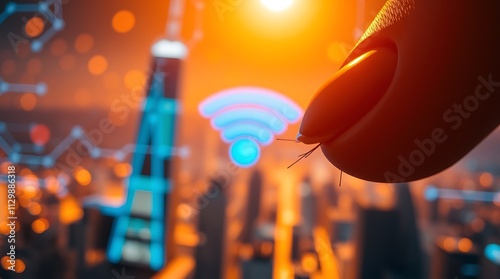 Futuristic cityscape with digital network and wi-fi symbol, representing smart city connectivity. photo