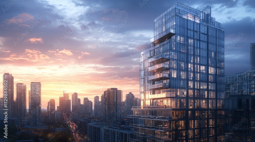 Obraz premium A high-rise building with glass curtain walls, designed by Big, featuring a human view, cloudy sky, and two-point perspective,,realistic, rendered, ultra clearï¼Œ4K,HD,Modern architecture,outdoors, 