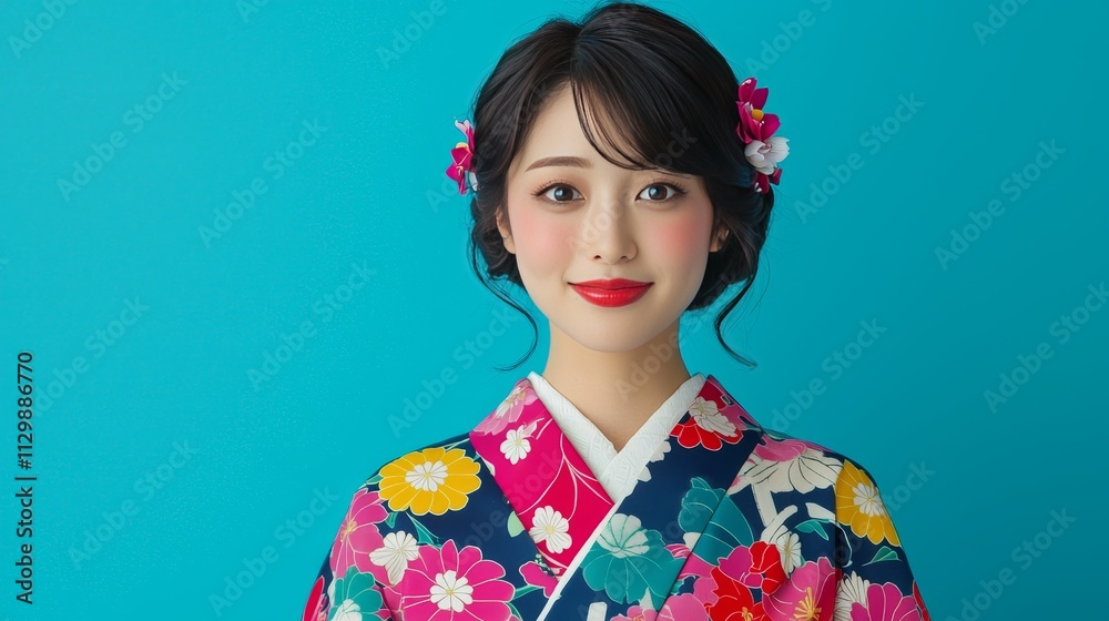 Traditional japanese kimono fashion portrait studio setting cultural photography bright blue background close-up view elegance and heritage Traditional japanese kimono fashion portrait studio setting cultural photography bright blue background close-up view elegance and heritage