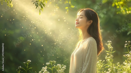 Serenity in naturewoman embracing sunshine enchanted forest portrait daylight tranquility and connection photo