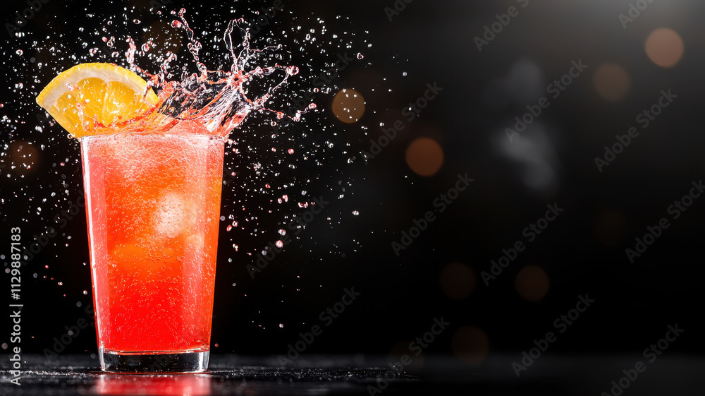 Refreshing drink splashing with lemon slice and ice cubes