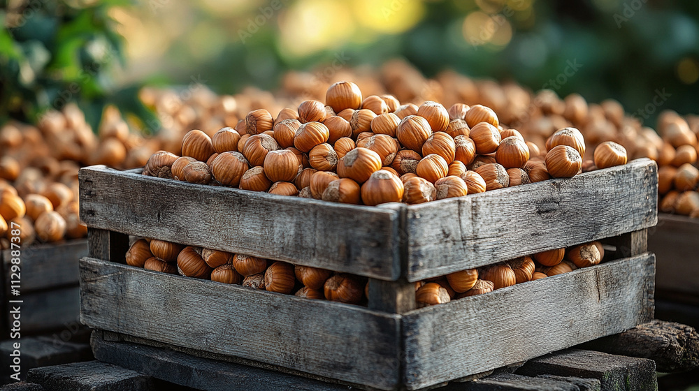 harvest of hazelnuts fills wooden crates, representing abundance, nature’s bounty, and the hard work of harvest season harvest of hazelnuts fills wooden crates, representing abundance, nature’s bounty, and the hard work of harvest season