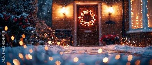 A holiday light display in front of a cozy house with a wreath on the door. Snow is gently falling, and the ligh, Generative AI