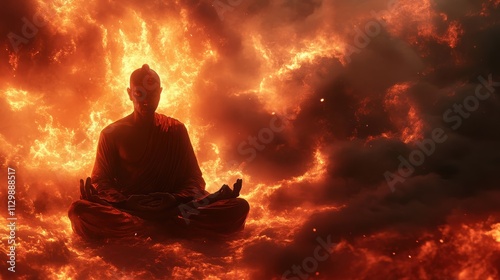 A medium shot of a spiritual leader in profound meditation, bathed in surreal light, with glowing celestial flames around