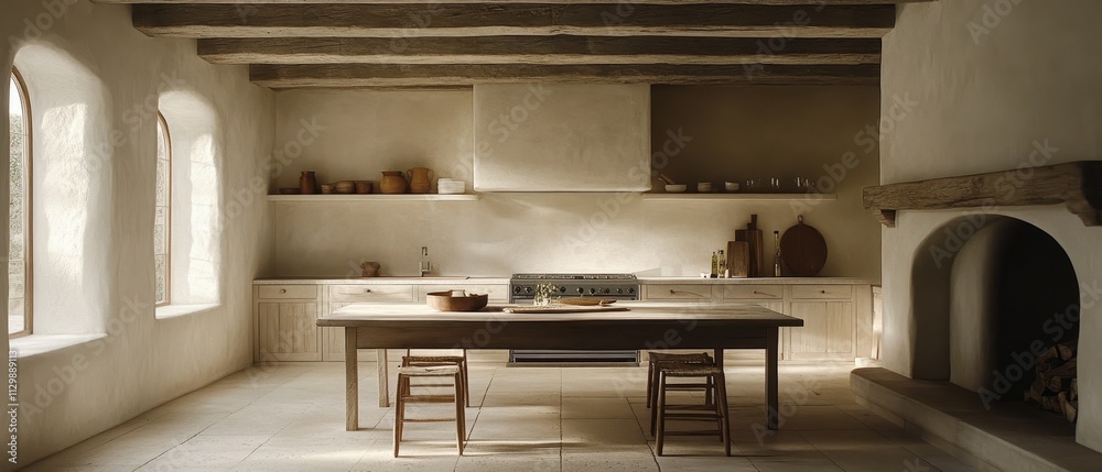 Rustic Kitchen Design With Wooden Beams And Fireplace