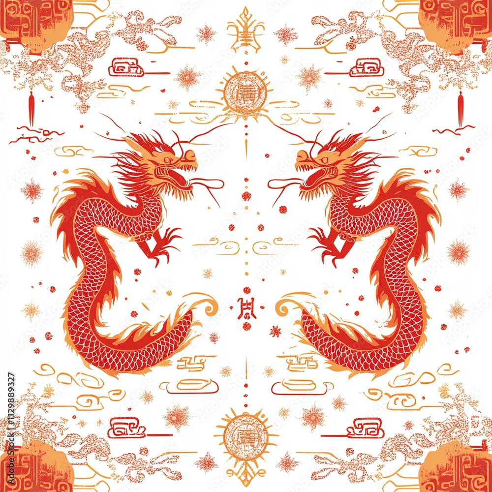 A vibrant illustration featuring two red dragons surrounded by clouds and sun motifs, symbolizing power and good fortune in traditional art. A vibrant illustration featuring two red dragons surrounded by clouds and sun motifs, symbolizing power and good fortune in traditional art.