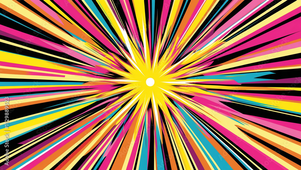 Vibrant pop art of light rays of radial from a central point and burst explosion background. 12
