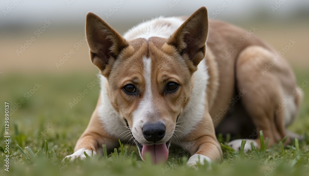 a dog laying on a couch with its tongue sticking out. a dog laying on a couch with its tongue sticking out.