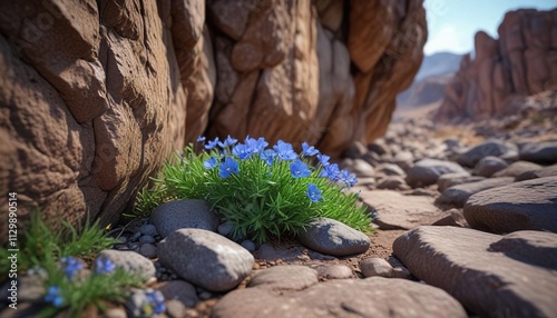 Wild Blue Flax thriving in narrow crevices between rocks, rocky terrain, hardy plant, rocky slope photo