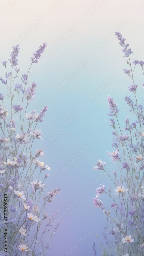 Wildflowers in soft pastel light against a blue sky, background with copy space Wildflowers in soft pastel light against a blue sky, background with copy space