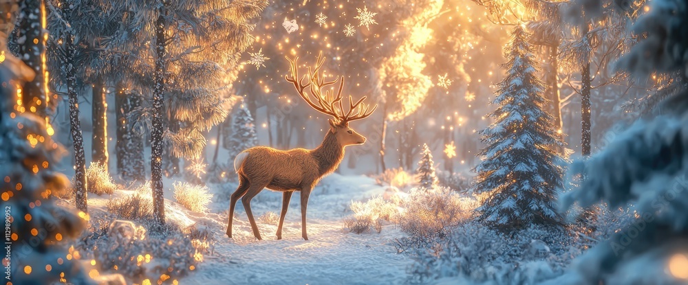 Fototapeta premium Beautiful winter forest with snow-covered trees and glowing lights, deer standing in the center of the picture, magical atmosphere, blue color palette, fantasy style, high resolution, hyper-realistic