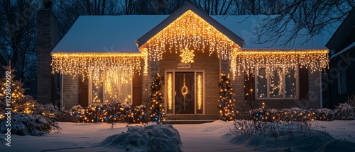 A house with a holiday light display featuring icicle lights hanging from the roof. The lights sparkle in the cold, Generative AI 