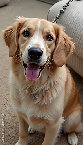 a dog laying on a couch with its tongue sticking out.