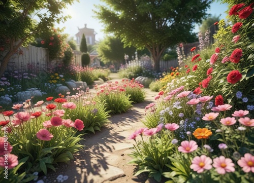 A beautiful, blooming flower garden on a sunny day, floral arrangement, , natural beauty