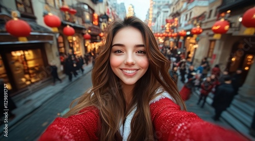 Wallpaper Mural beautiful Chinese girl with long brown hair, wearing red clothing Torontodigital.ca