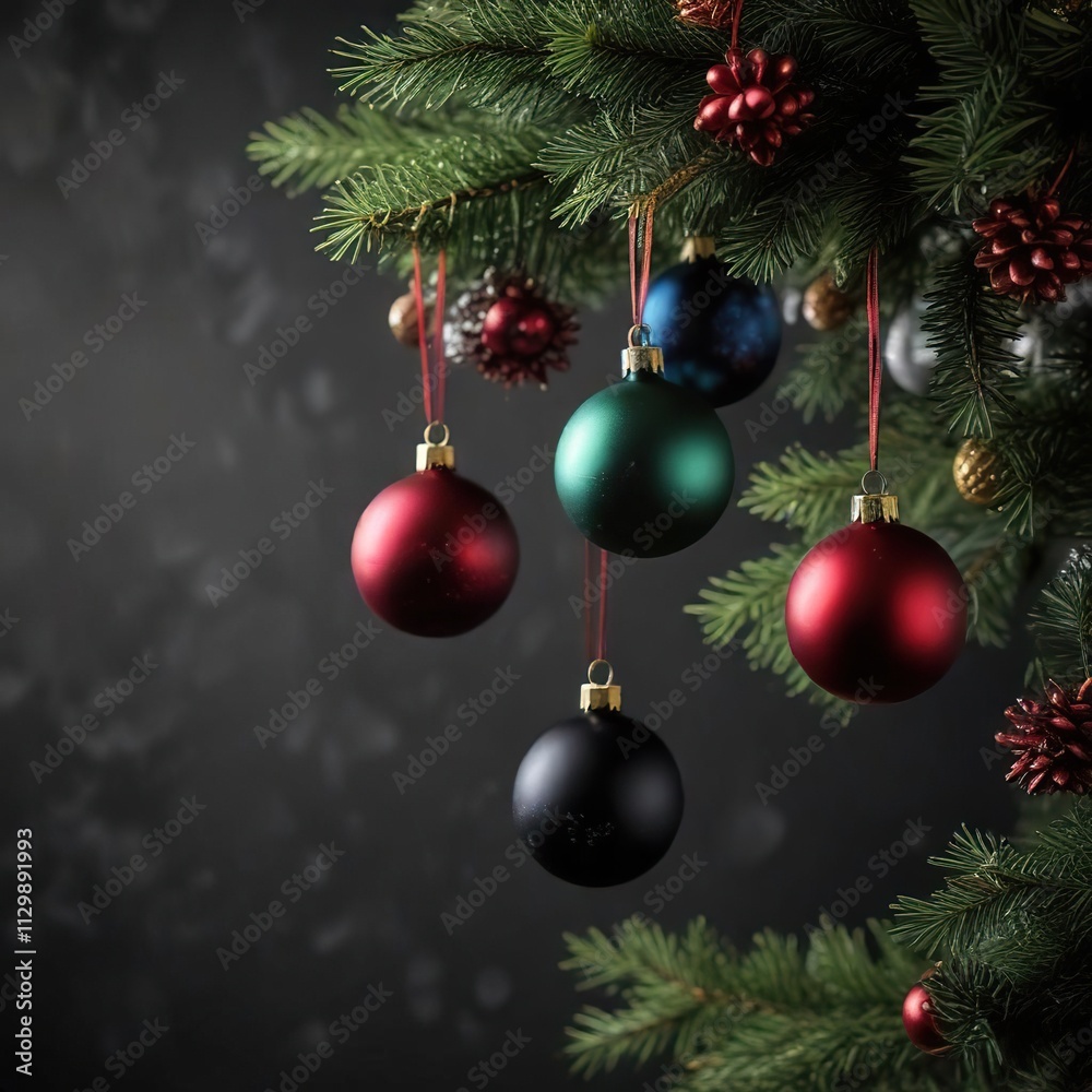 A black background with Christmas ornaments hanging from a tree in festive winter atmosphere, ornaments of different shapes and sizes, holiday decor, decorations for Christmas A black background with Christmas ornaments hanging from a tree in festive winter atmosphere, ornaments of different shapes and sizes, holiday decor, decorations for Christmas