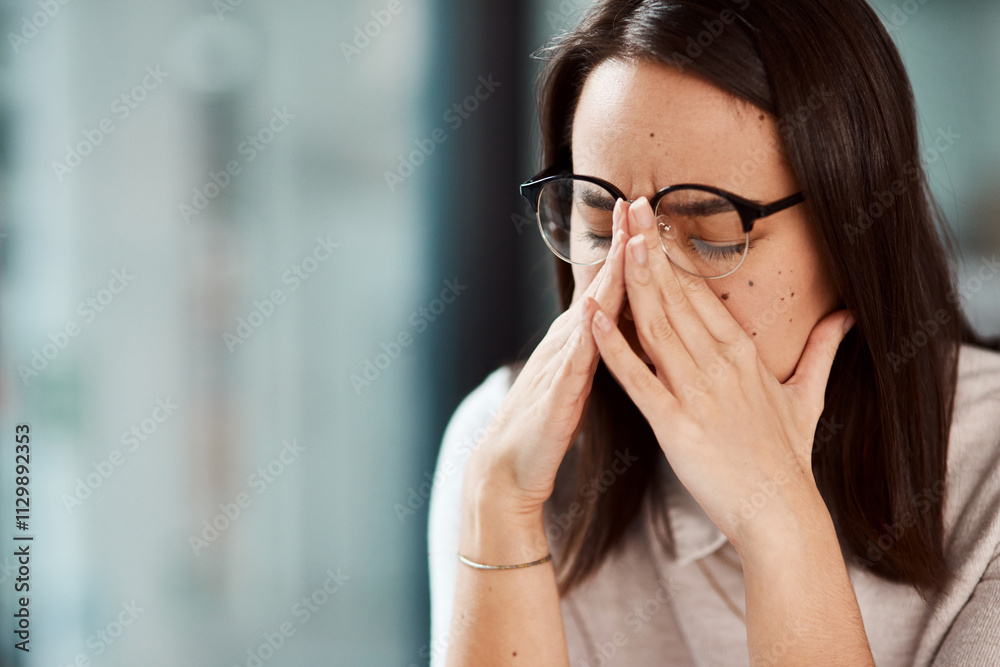 Headache, fatigue and business woman in office with sickness, brain fog or allergy symptoms. Migraine, burnout and Asian female person with stress, exhaustion or pain in workplace for career. Headache, fatigue and business woman in office with sickness, brain fog or allergy symptoms. Migraine, burnout and Asian female person with stress, exhaustion or pain in workplace for career.