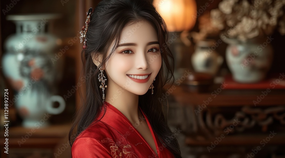 A woman in a red Chinese traditional Hanfu dress with long hair and earrings is smiling A woman in a red Chinese traditional Hanfu dress with long hair and earrings is smiling