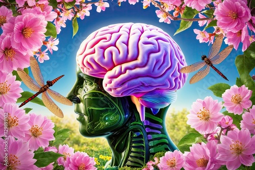 Lush Brain Garden with Flowers and Dragonflies Promoting Self Love and Mental Wellness