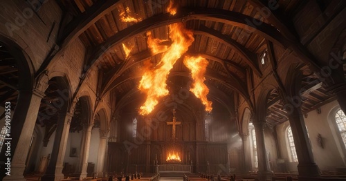 A large flame engulfs the church's wooden ceiling, architecture, flames