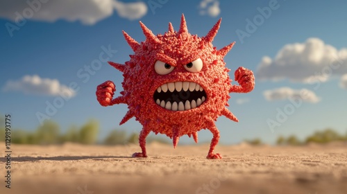 A cartoonish virus character stands defiantly on a barren landscape, showcasing exaggerated features like spikes and a fierce expression against a bright sky. photo