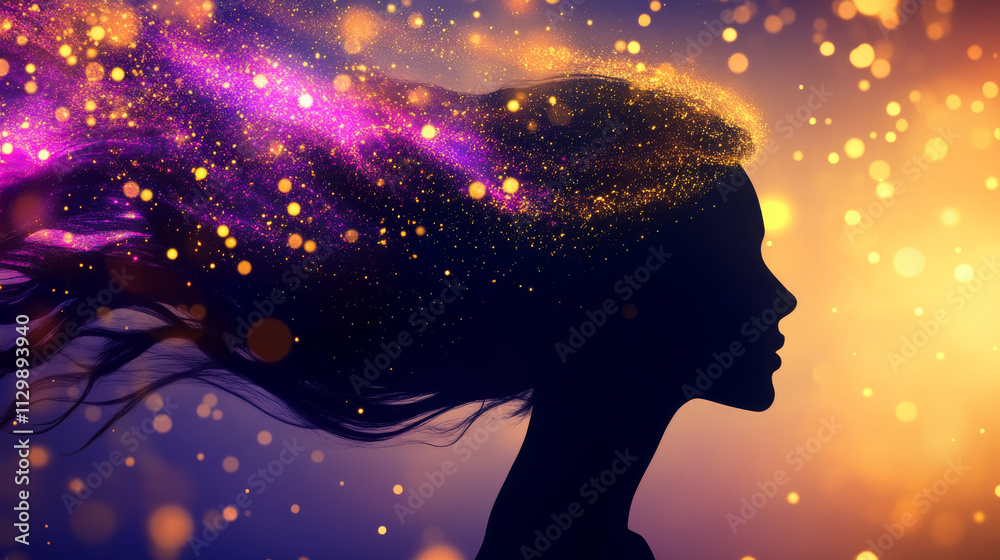 Bold black silhouette of woman with flowing hair and cosmic elements, creating dreamy atmosphere. vibrant colors and sparkles evoke sense of wonder and imagination Bold black silhouette of woman with flowing hair and cosmic elements, creating dreamy atmosphere. vibrant colors and sparkles evoke sense of wonder and imagination