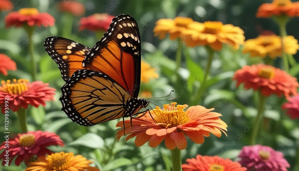 Fototapeta premium A monarch butterfly rests on top of a zinnia flower in a warm and sunny summer garden, insects, outdoor, monarch butterfly