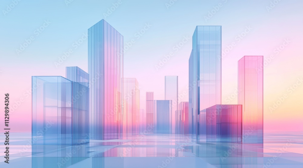 Design inspiration comes from minimalism, with a light blue and pink gradient background featuring glass buildings and geometric shapes of transparent color blocks Design inspiration comes from minimalism, with a light blue and pink gradient background featuring glass buildings and geometric shapes of transparent color blocks