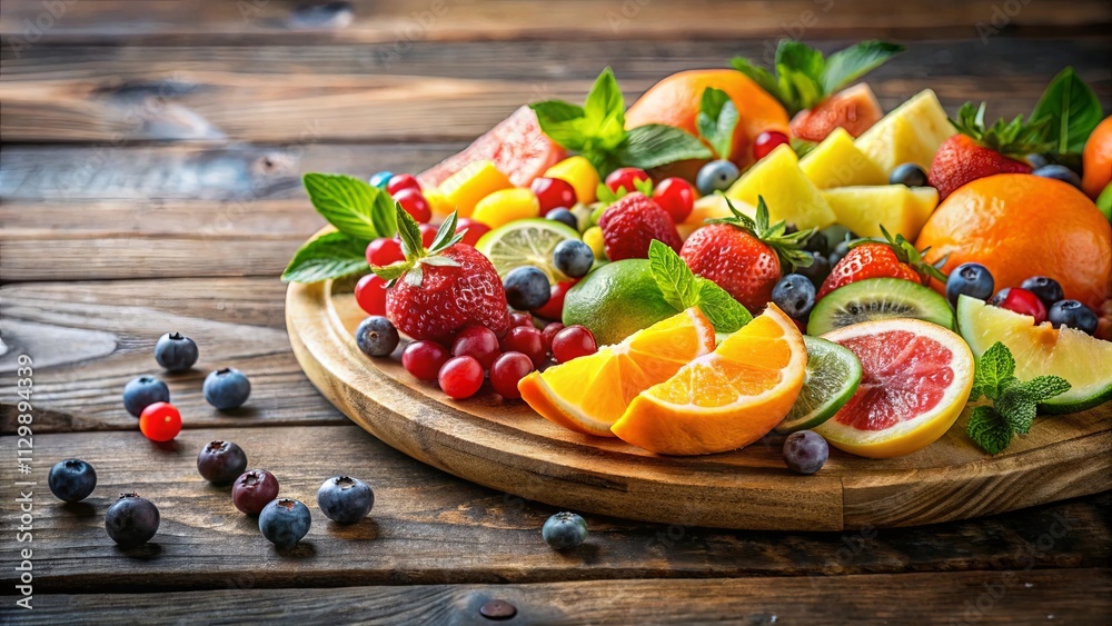A vibrant assortment of fresh summer fruits arranged on a rustic wooden platter A vibrant assortment of fresh summer fruits arranged on a rustic wooden platter